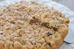 fetta di sbriciolata di datteri e frutta secca con zucchero a velo